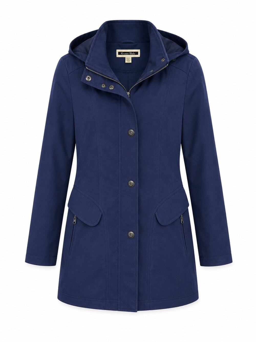 Kristen Blake Womens Blue Hooded Rain Jacket Coat Size Large Zip Button Front